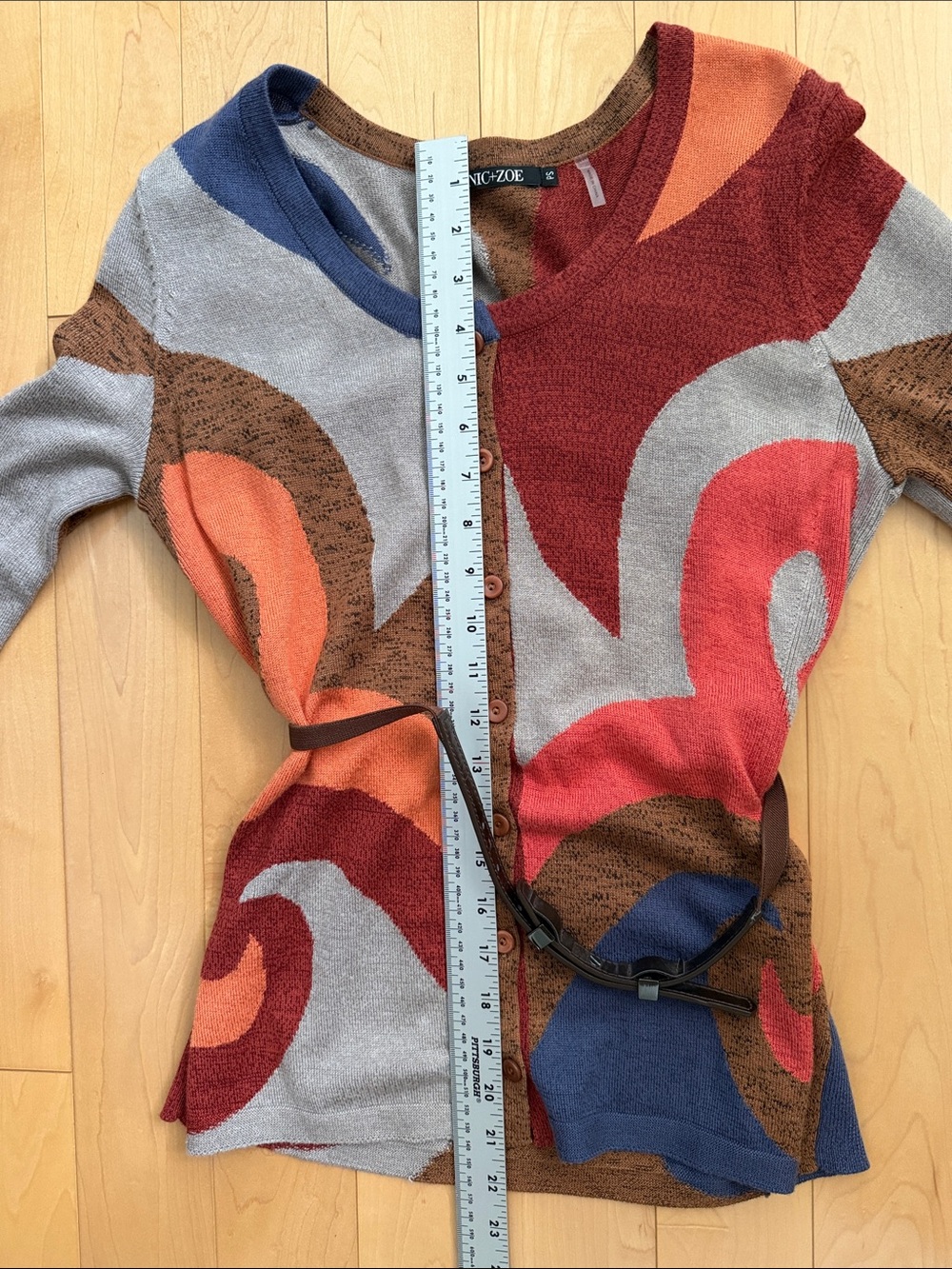 NIC+ZOE Multicolor Abstract Button Cardigan in Rust, Blue & Brown